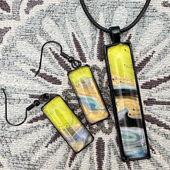 Jewelry Set Original Acrylic Pour Painting Colorful Abstract Art signed 5513 Y - Picture 3 of 10